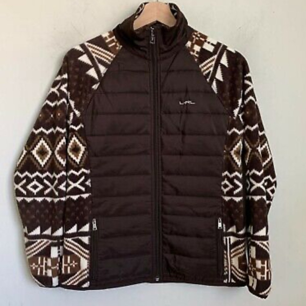 Ralph Lauren Fair Isle Fleece Funnel Quilted Jacket Aztec Nordic Chocolate Brown